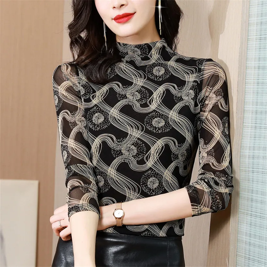 

Autumn Winter Print Vintage Blouse High Neck Long Sleeve Undershirt Womens Tops And Blouses Mesh Blusa Feminina