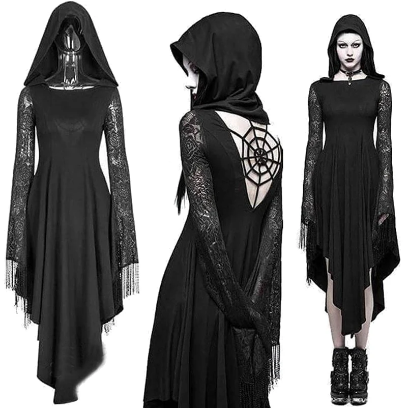 Halloween Black Gothic Steampunk Vampire Ghost Witch Costume Women Lace Hooded Open Back Scary Horror Spiderweb Party Gown Dress
Halloween Black Gothic Steampunk Vampire Ghost Witch Costume Women Lace Hooded Open Back Scary Horror Spiderweb Party Gown Dress