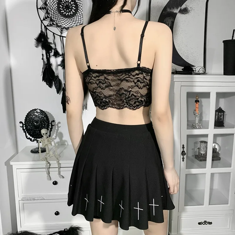 Black Gothic Women Lace Spliced Transparent Camis 2021 Summer Lady Deep V Neck Backless Sexy Camisole Cool Outdoor Streetwear Black Gothic Women Lace Spliced Transparent Camis 2021 Summer Lady Deep V Neck Backless Sexy Camisole Cool Outdoor Streetwear
