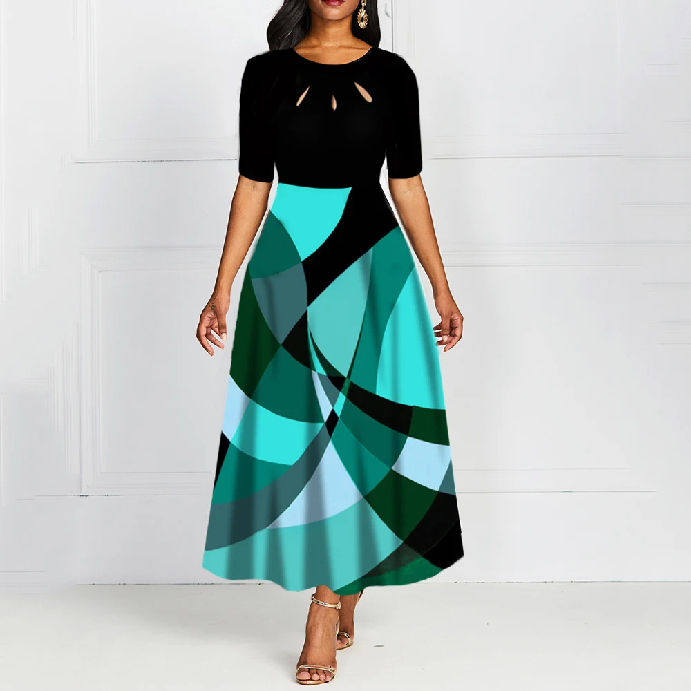 Elegant Women Dresses Workwear Daily Patchwork Prom Party Dresses Round Neck Hollow Ankle Length Short Sleeve Femme Vestiods
Elegant Women Dresses Workwear Daily Patchwork Prom Party Dresses Round Neck Hollow Ankle Length Short Sleeve Femme Vestiods