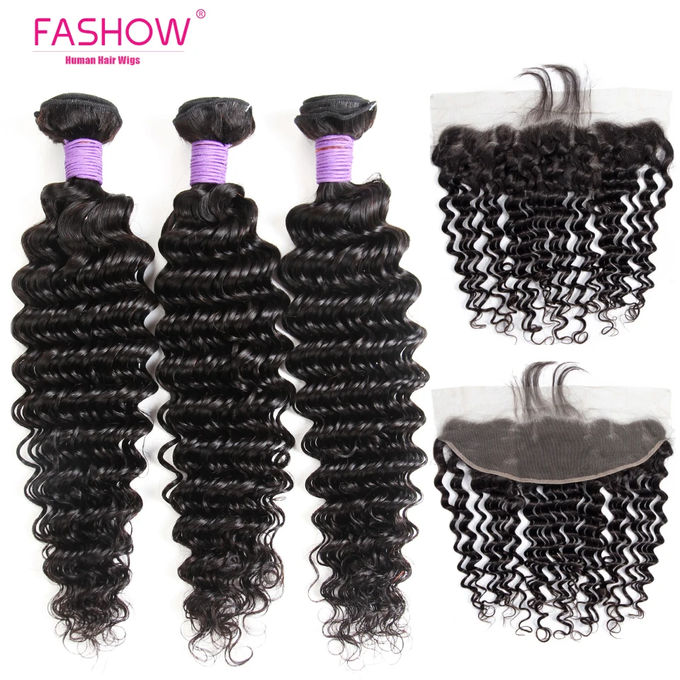 Fashow Brazilian Deep Wave Hair Bundles With Frontal Closure Curly Human with Ear to 13X4 Lace | Шиньоны и парики