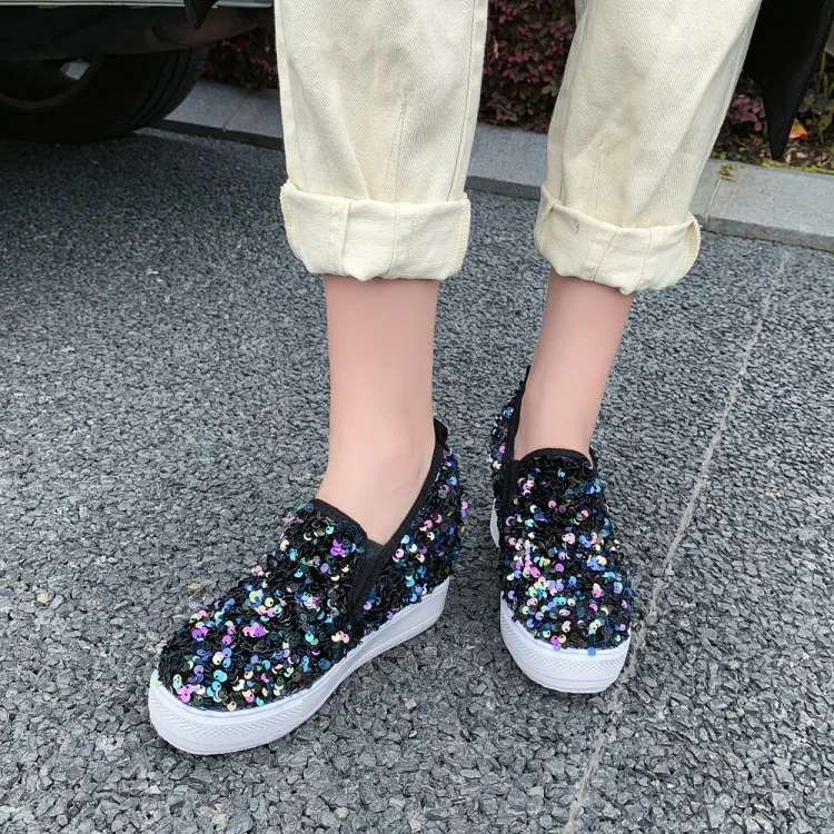 2020 Autumn Large Size New Style Sequin Loafers Women's Flat Slanted Heel Elastic round-Toe Fashion Shoes Women's T3861
