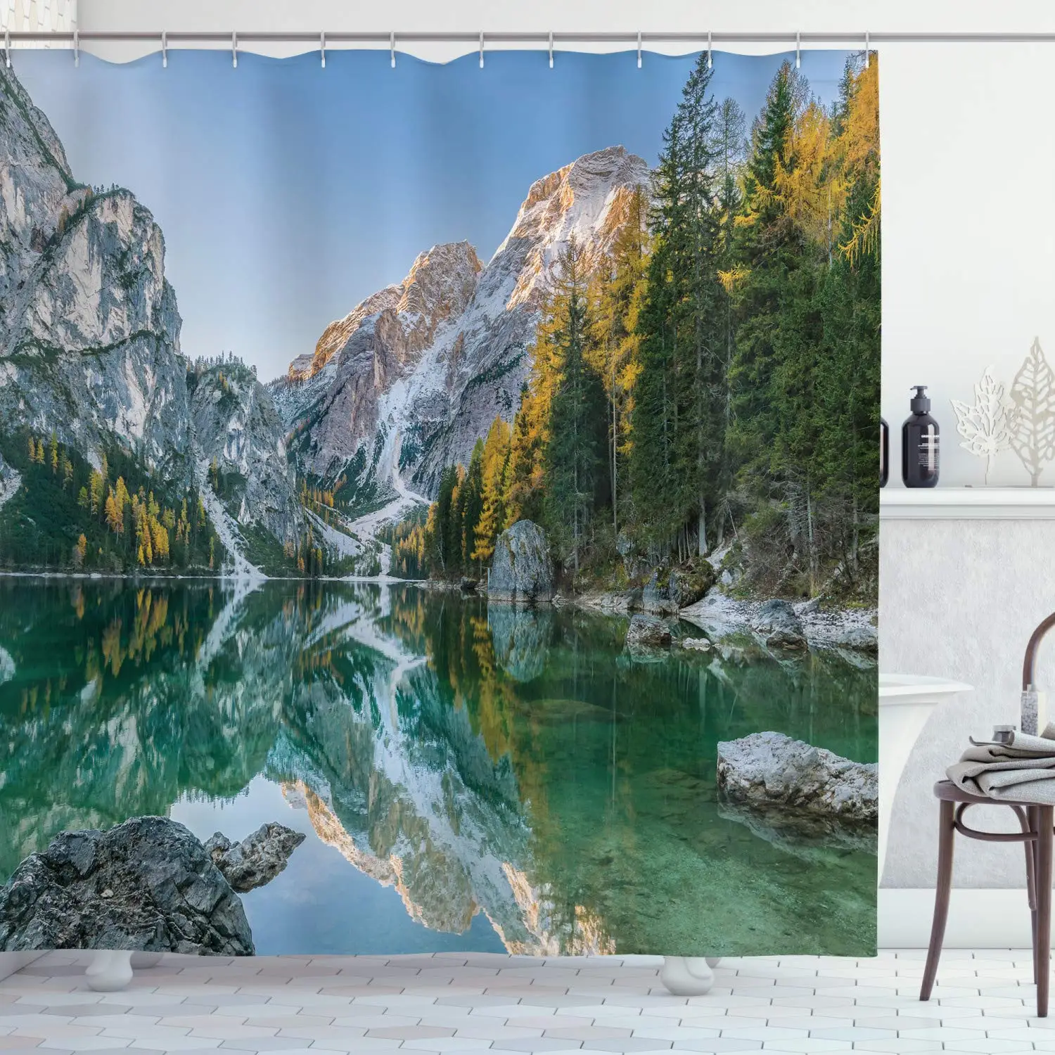Nature Shower Curtain, Autumn Landscape with Faded Trees and Mountains Pure Reflection in Water Dream Photo, Cloth Fabric
Nature Shower Curtain, Autumn Landscape with Faded Trees and Mountains Pure Reflection in Water Dream Photo, Cloth Fabric