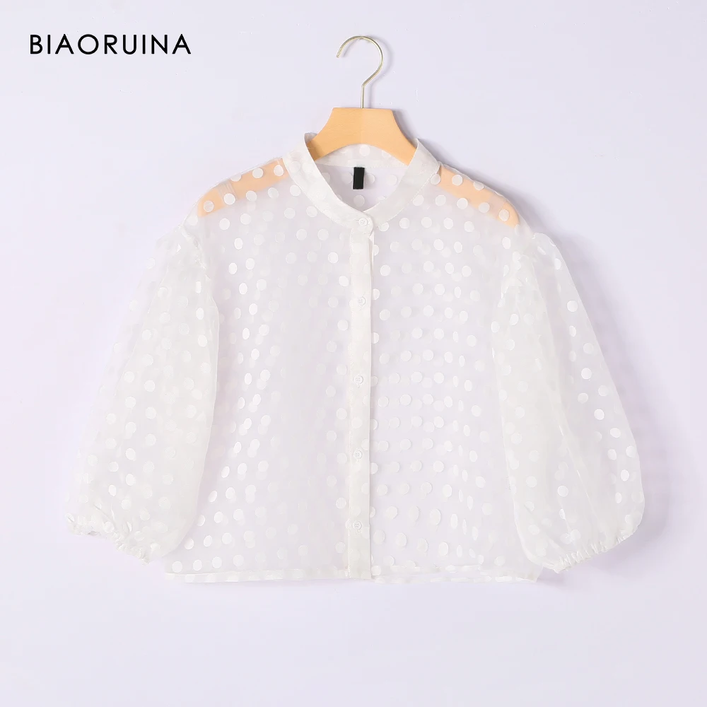 BIAORUINA Women Organza Transparent Polka Dot Shirt Single Brested Female Fashion Blouse Streetwear Stand Collar Lantern Sleeve
BIAORUINA Women Organza Transparent Polka Dot Shirt Single Brested Female Fashion Blouse Streetwear Stand Collar Lantern Sleeve