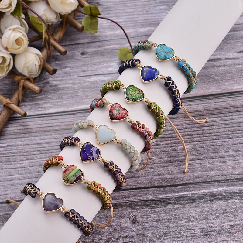 

HIYONG Natural Emperor Stone Bracelet Heart Shaped Pendant Beads Bracelet Double Layered String Rope Bracelets Handmade Jewelry