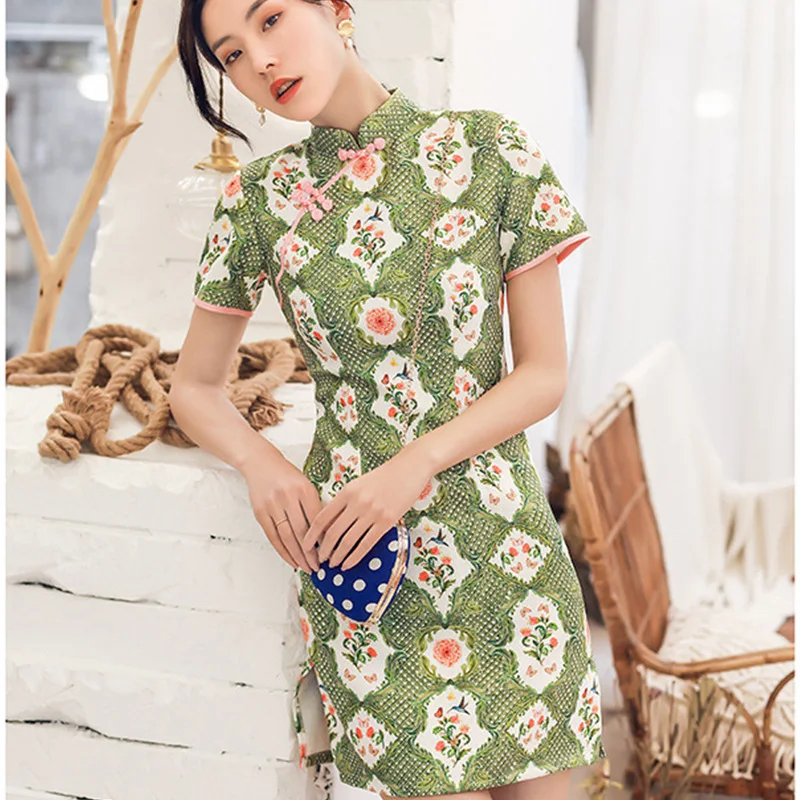 2019 Spring And Summer Elegent Women Short Sleeve Models Imitation Jacquard Printing Short Dress Lady Retro Daily Cheongsam
2019 Spring And Summer Elegent Women Short Sleeve Models Imitation Jacquard Printing Short Dress Lady Retro Daily Cheongsam