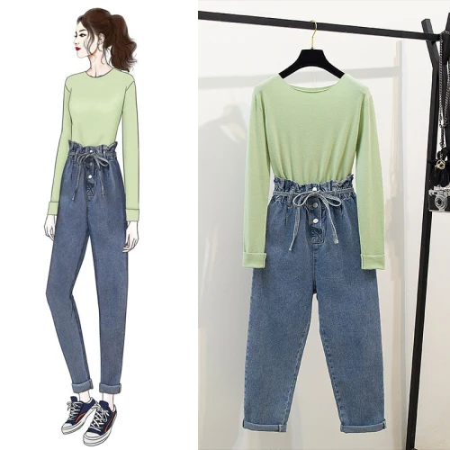 Oshangchaopin Solid Color Long Sleeve Basic Thin Knit Jumper Tops+Elastic High Waist Lace-Up Denim Pencil Pant Women Casual Suit
Oshangchaopin Solid Color Long Sleeve Basic Thin Knit Jumper Tops+Elastic High Waist Lace-Up Denim Pencil Pant Women Casual Suit