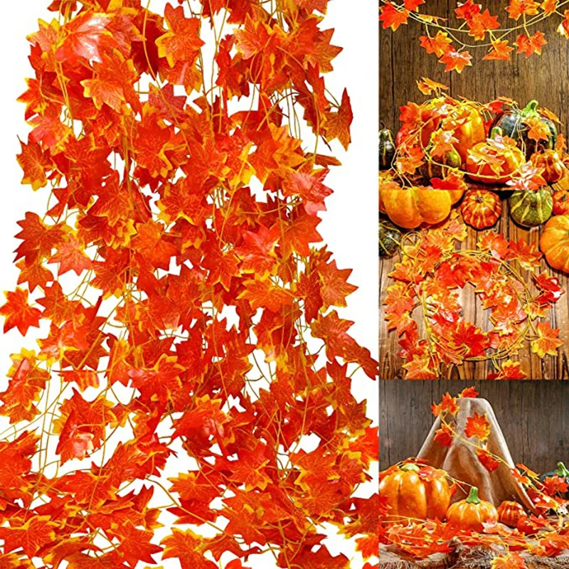 

Искусственный Кленовый пучок листьев, 2,4 м, искусственные красные кленовые листья из ротанга, гирлянда, подвесной декор, День благодарения, украшение для вечерние