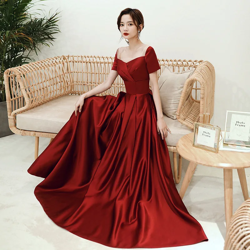 Women Burgundy Square Neck Wedding Dresses Elegant Short Sleeve Satin Evening Gowns Toast Clothing Robe De Soiree
Women Burgundy Square Neck Wedding Dresses Elegant Short Sleeve Satin Evening Gowns Toast Clothing Robe De Soiree