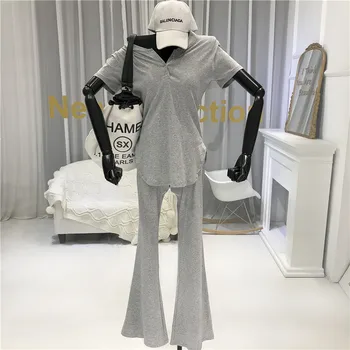 Casual Two Piece Pants Set Women Button Short Sleeve Tops+flare Pants Fashion 2 Piece Set Women 2020 summer
Casual Two Piece Pants Set Women Button Short Sleeve Tops+flare Pants Fashion 2 Piece Set Women 2020 summer