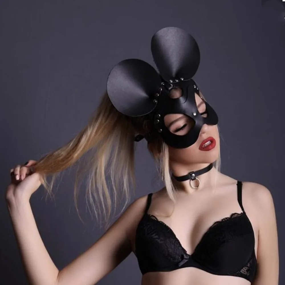 

Black Sexy PU Leather Mouse Shape Mask Sparkling Rhinestone Rivets Eye Masks Halloween Masquerade Cosplay Mask Jewelry Gift