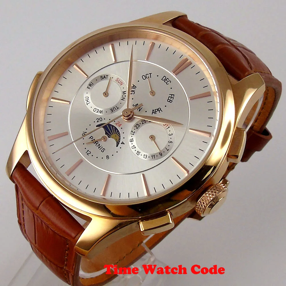 

44mm PARNIS Silver dial rose golden plated case Moon Phase day date indicator multifunction week display brown leather strap