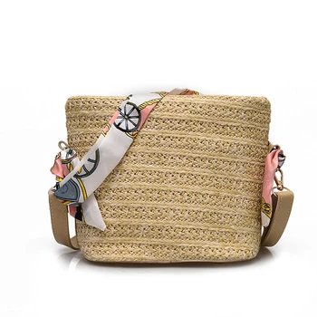 Straw woven bucket shoulder slant small square bag ribbon women's bag all-match small bag 
Straw woven bucket shoulder slant small square bag ribbon women's bag all-match small bag
