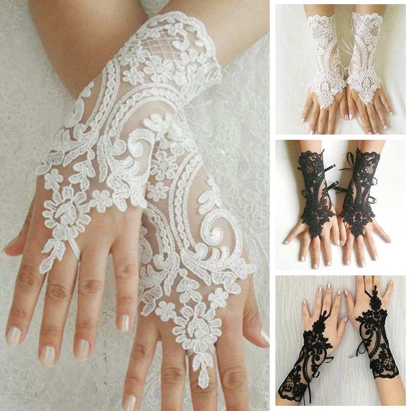 

1Pair Women Elegant Short Black and Ivory White Bridal Glove Hollow Fingerless Lace Accessory Wedding Gloves