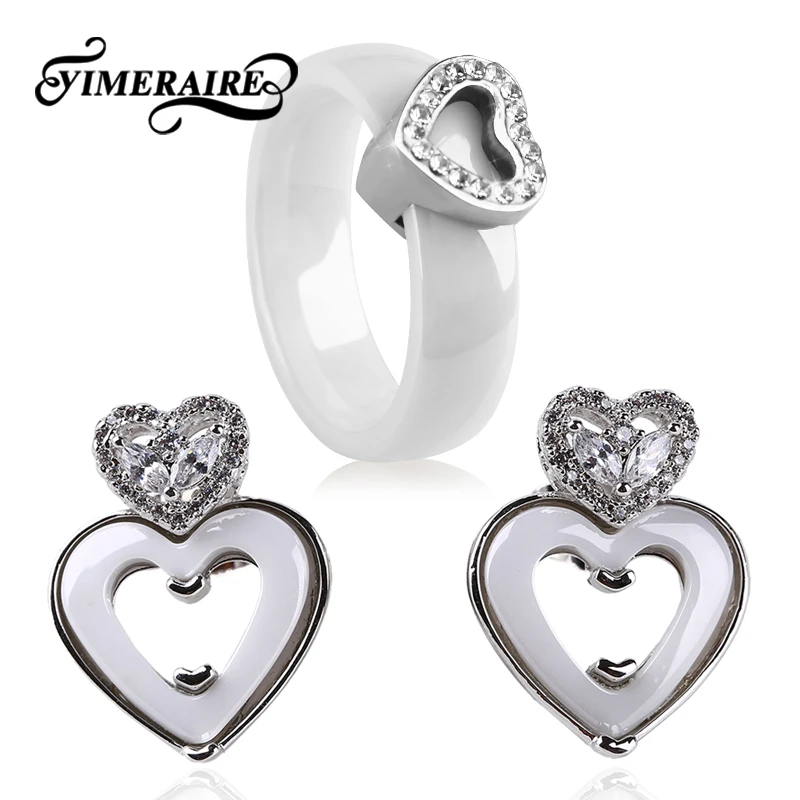 TUHE Romantic Heart Jewelry Set Shining Crystal Heart Stud Earrings Rings Set White Ceramic For Women Wedding Engagement Jewelry
TUHE Romantic Heart Jewelry Set Shining Crystal Heart Stud Earrings Rings Set White Ceramic For Women Wedding Engagement Jewelry
