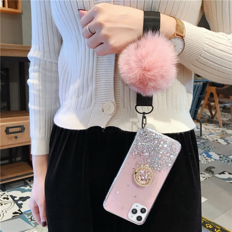 3D Diamond Holder stand Glitter Hairball soft phone case for iphone X XR XS 11 Pro Max 6 7 8 plus for samsung S8 S9 S10 Note A50 (2)