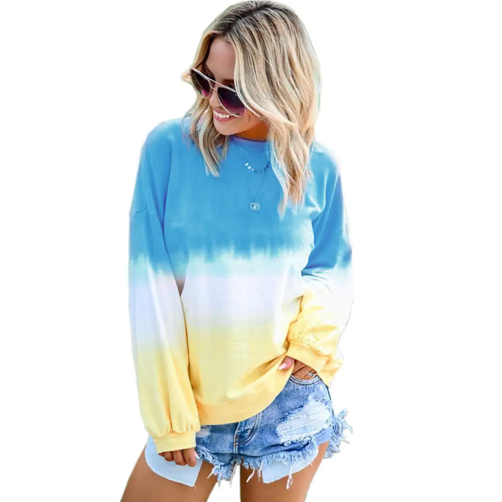 Womens Casual Gradient Long Sleeve T-Shirt Colorblock Block Tie Dye Printed Pullover 9