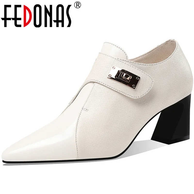 FEDONAS Women Cow Leather Party Shoes Prom Pumps Spring Summer Metal Decoration Pointed Toe New Arrival Fashion Shoes Woman