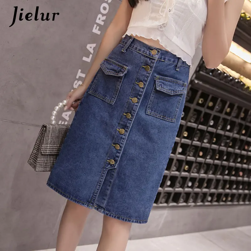 

Jielur Fashion Korean High Waist Denim Skirts Plus Size Buttons Pockets Classic Jeans Skirt for Women S-5XL Elegant Jupe Femme