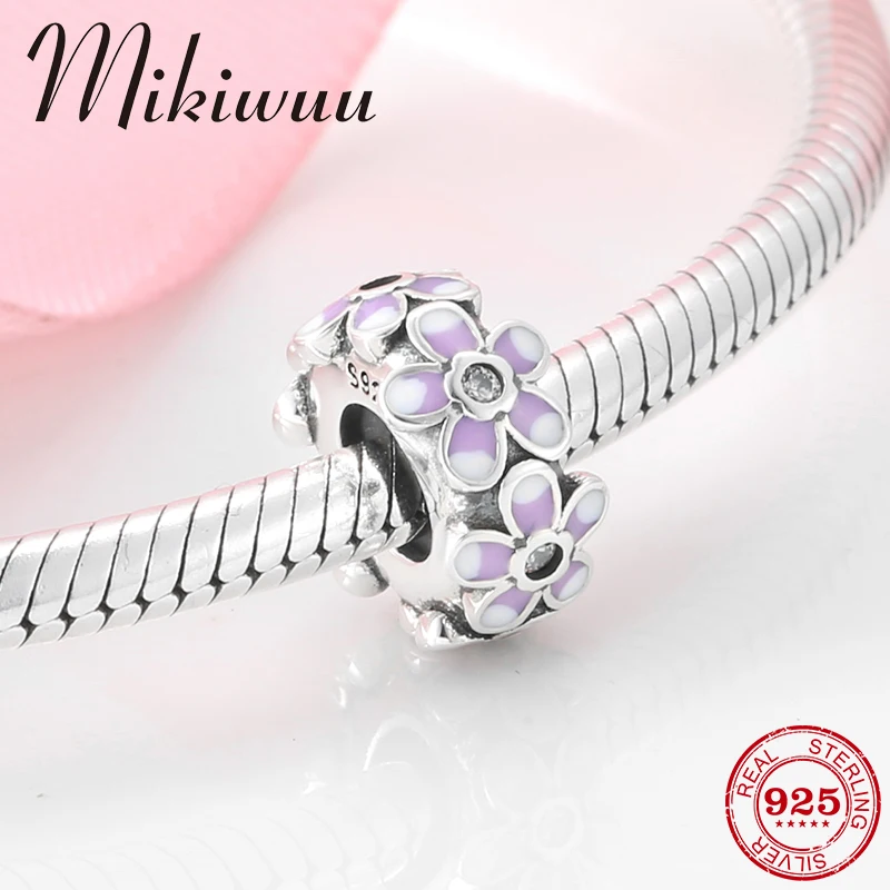 925 Sterling Silver Purple Flower And crystal CZ fine Stopper spacer bead Jewelry Making Fit Original Mikiwuu Charm Bracelet | Украшения и