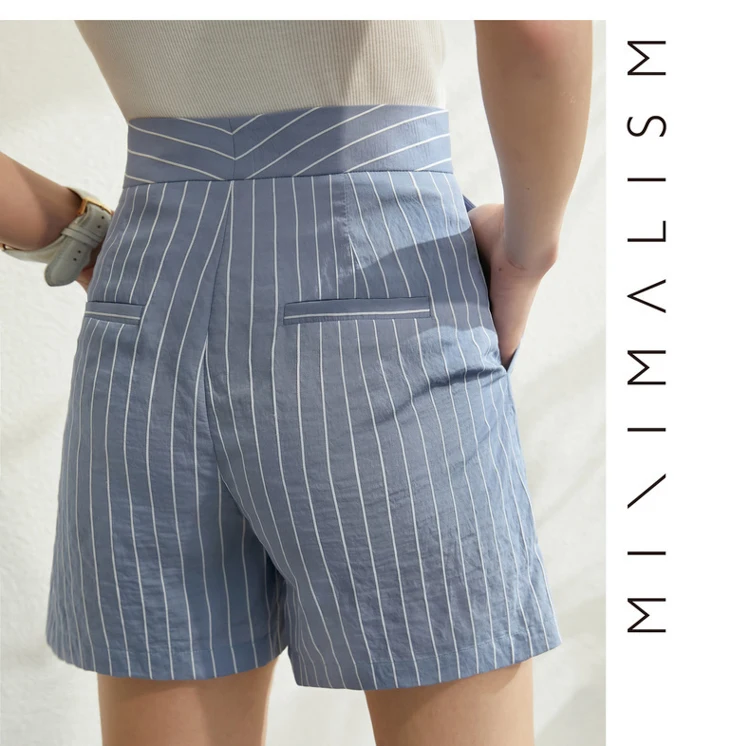 AMII Minimalism Spring Summer Suit Set Lapel Stripe Three Quarter Sleeves Suit Coat High Waist Shorts 12030238