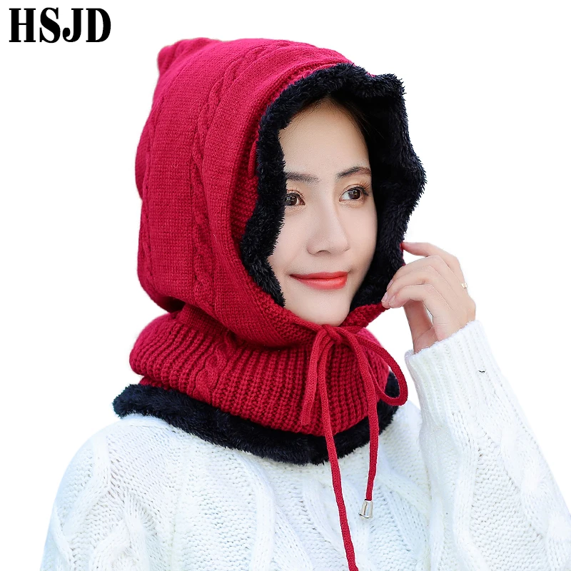 

Thick Lining Balaclava Women Winter Knitted Hat Scarf Set Female Adjustable Rope Ear Warm Skullies Beanies Bonnet Neck Warmer