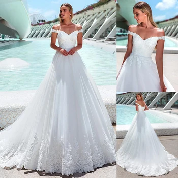 Marvelous Tulle Off-the-shoulder Neckline A-line Wedding Dresses Beading Sash with Lace Applique Bridal Gowns
Marvelous Tulle Off-the-shoulder Neckline A-line Wedding Dresses Beading Sash with Lace Applique Bridal Gowns