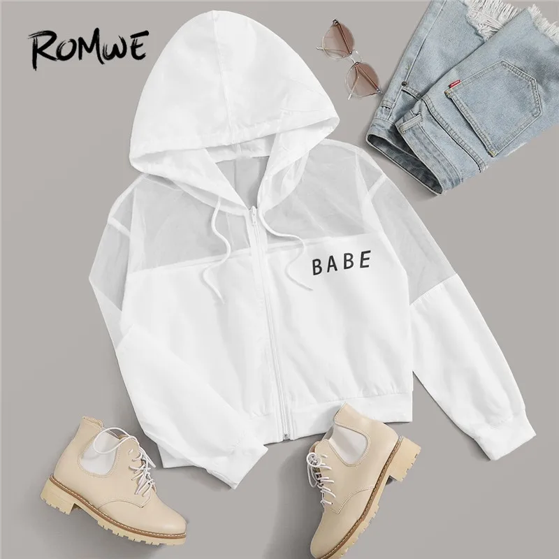 

Romwe Sporty Letter Print Mesh Insert Jacket Fitness Women Coat Workout Hooded White Jacket Long Sleeve Zipper Running Coat