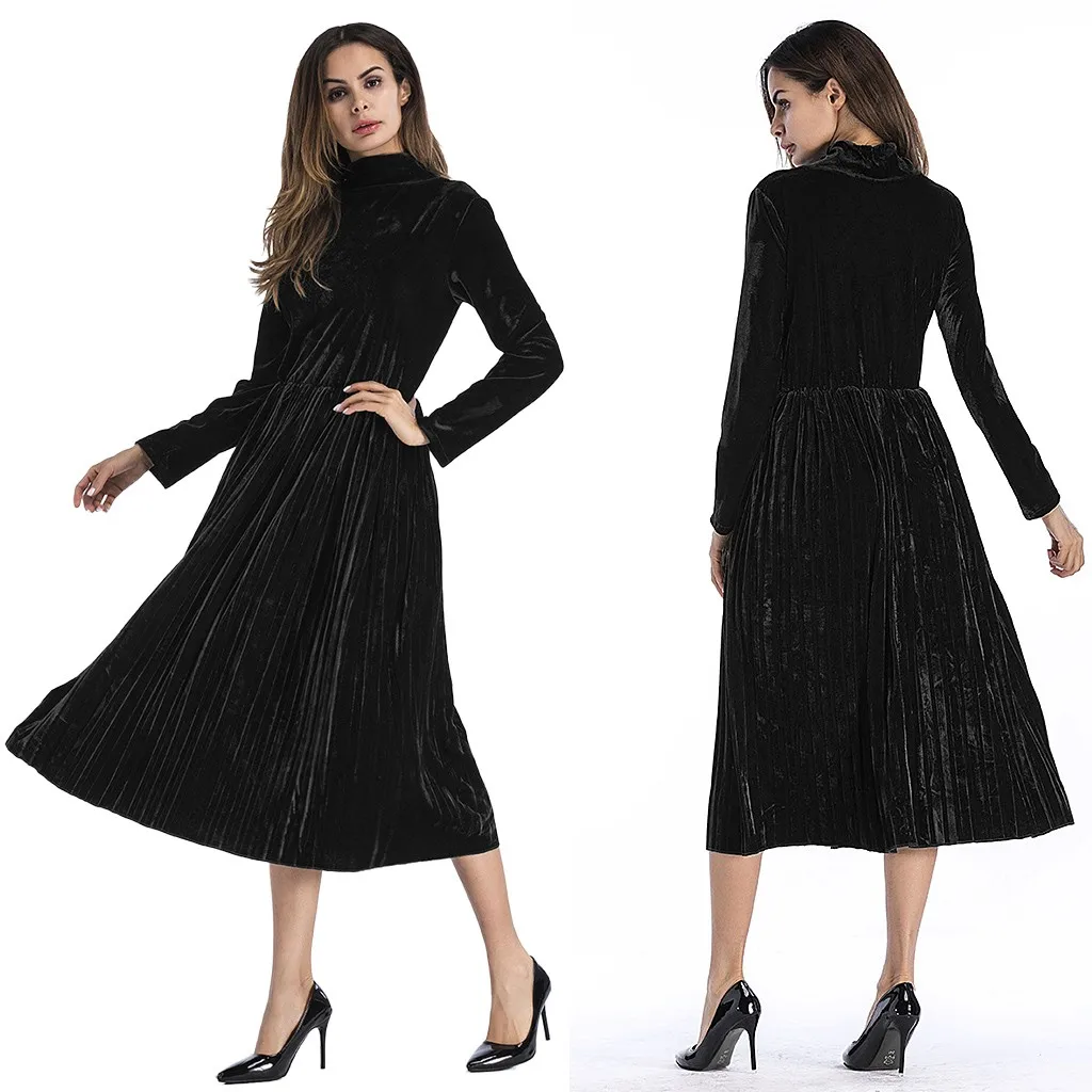 Фото Formal Dress Women Elegant Sweet Evening Dresses 2019 Autumn Winter Ladeis Black Turtleneck Long Sleeve Sundress vestidos | Женская