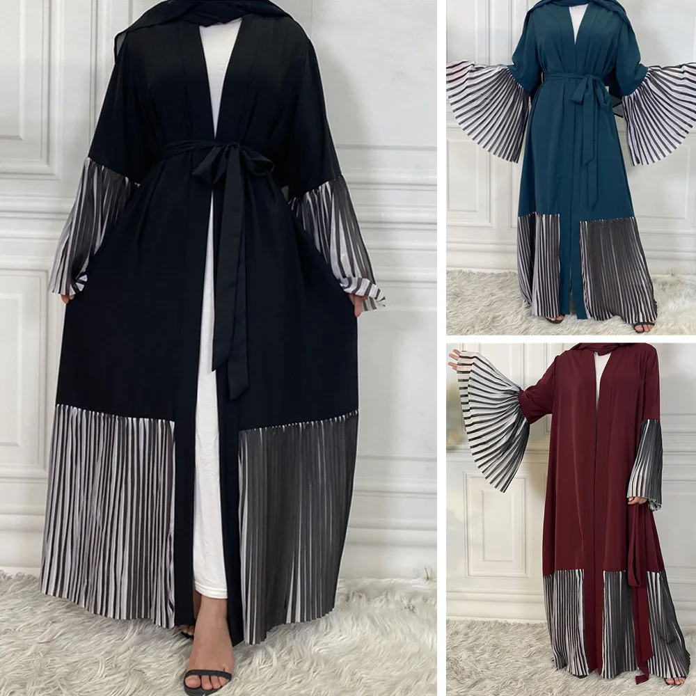 

Muslim Pleated Patchwork Abayas For Women Evening Arabic Jilbab Islamic Ramadan Kaftan Maxi Robe Open Kimono Middle East Fashion