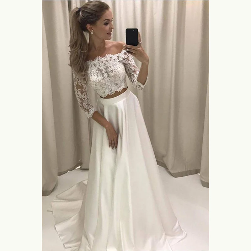 On Sale Graceful Ivory A Line Two Pieces Wedding Dresses for Bride Off Shoulder 3/4 Sleeves Bateau Neck Bridal Wedding Gowns
On Sale Graceful Ivory A Line Two Pieces Wedding Dresses for Bride Off Shoulder 3/4 Sleeves Bateau Neck Bridal Wedding Gowns