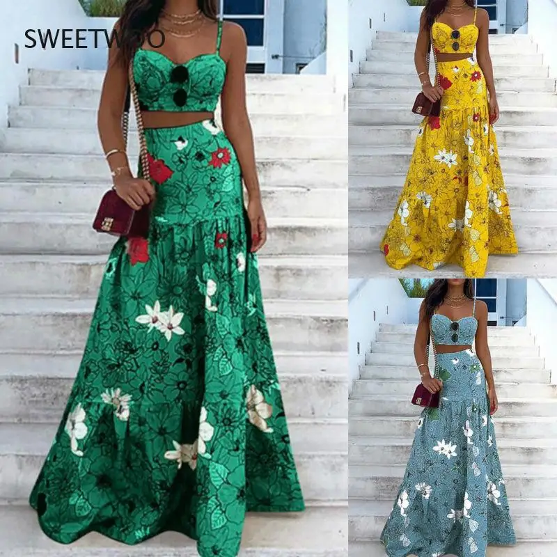 

2021 Summer Dress Two-Piece Printed Women's Dress Sexy Bohemian Style Suspender Dress Beach Skirt Vestidos