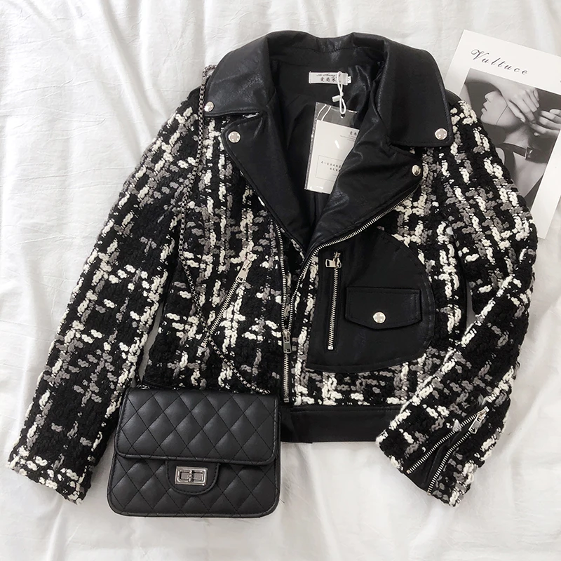 2020 Spring autumn Plus size Turndown collar Patchwork Weave Leather jacket Women Fashion Slim Oblique zipper Faux Leather coat
2020 Spring autumn Plus size Turndown collar Patchwork Weave Leather jacket Women Fashion Slim Oblique zipper Faux Leather coat