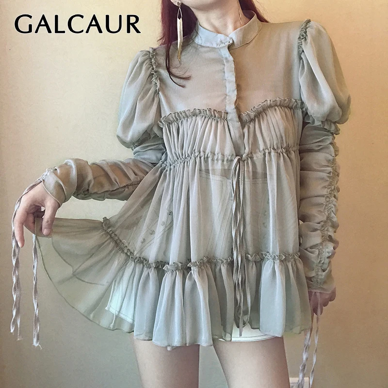GALCAUR Chiffon Perspective Blouse Women O Neck Puff Long Sleeve Female Blouses Fashion 2019 autumn tide 
GALCAUR Chiffon Perspective Blouse Women O Neck Puff Long Sleeve Female Blouses Fashion 2019 autumn tide
