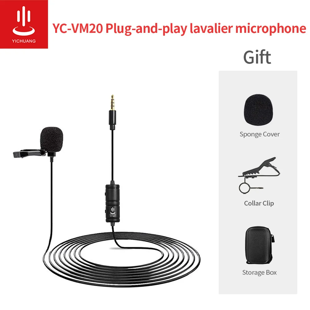 Lavalier Microphone YC-VM20 Clip-on Lavalier Mini Audio 3.5mm Collar Condenser Lapel Mic for recording Audio Video Phone Cameras
Lavalier Microphone YC-VM20 Clip-on Lavalier Mini Audio 3.5mm Collar Condenser Lapel Mic for recording Audio Video Phone Cameras
