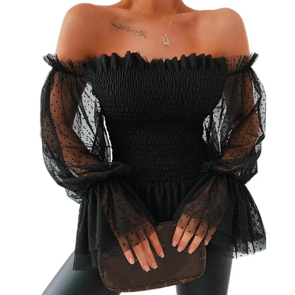 

Womens Tops and Blouses Sexy Solid Color Off Shoulder Flare Sleeve Mesh Polka Dot Slash Neck Ruffled Party Club Tops Streetwear