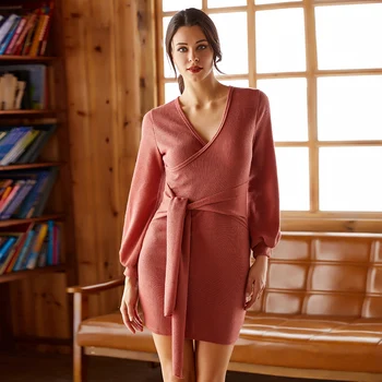 Bikitique V-Neck Tie Lantern Long Sleeve Sexy Dress Solid Slim Fit Buttock Knitted Sweater Party Dress Women Vintage Dress
Bikitique V-Neck Tie Lantern Long Sleeve Sexy Dress Solid Slim Fit Buttock Knitted Sweater Party Dress Women Vintage Dress