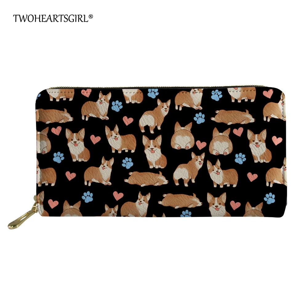 Twoheartsgirl Printing Corgi Dog Clutch Money Bag Purse Cute Women Wallets Long Leather Ladies Credit Card Holders Black | Багаж и сумки