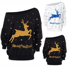 Kadın moda noel Elk baskı gevşek uzun kollu off-omuz kazak Толстовка Худи Hoodies kazak Свитшот(China)