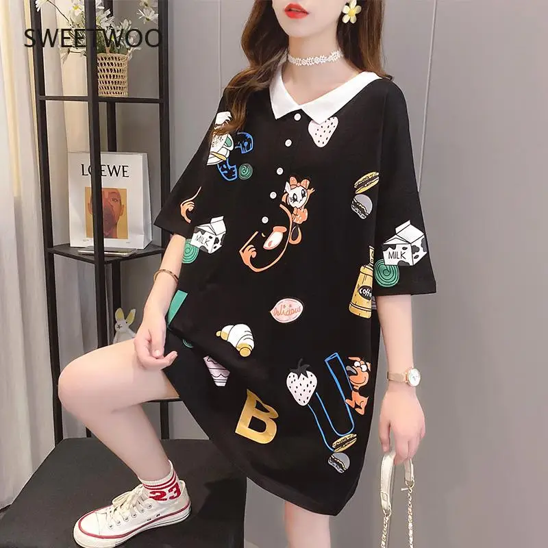Black White Pink Korean Fashion Short Sleeved T Shirt Women Loose Long T-shirt Female Cartoon Print T Shirts Cotton Summer
Black White Pink Korean Fashion Short Sleeved T Shirt Women Loose Long T-shirt Female Cartoon Print T Shirts Cotton Summer