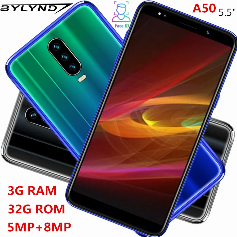 

A50 5.5" smartphones 3GRAM+32G ROM quad core 8MP 18:9 IPS HD WCDMA Android mobile phones FACE ID unlocked celular Global version
