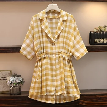 2020 Summer Notched Short Sleeve Plaid Slim Blouse Mini Brief Short Two Piece Plus Size Sets Casual Cloth
2020 Summer Notched Short Sleeve Plaid Slim Blouse Mini Brief Short Two Piece Plus Size Sets Casual Cloth