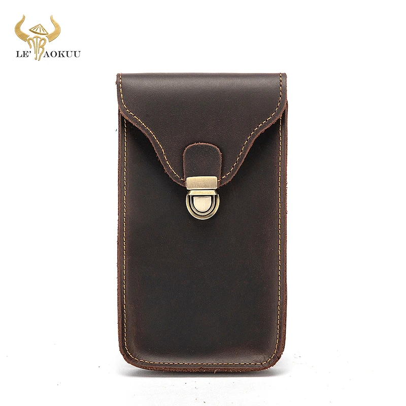 

2021 Crazy Horse Leather men Design Vintage Small Hook Bum Bag Travel Fanny Waist Belt Pack Cigarette Case 6" Phone Pouch 2051