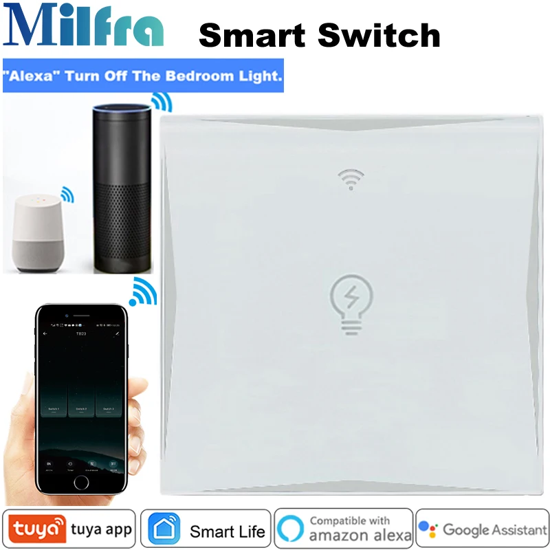 Milfra Wifi Switch Neutral Wire Required Smart Light Switch Voice Touch Phone Control Glass Wall Switch for Assistant Alexa Tuya
Milfra Wifi Switch Neutral Wire Required Smart Light Switch Voice Touch Phone Control Glass Wall Switch for Assistant Alexa Tuya