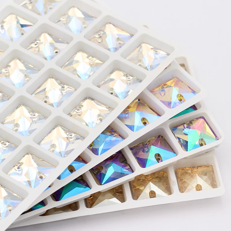 Фото Квадратные Стразы переливающиеся разноцветные K9 стеклянные пуговицы с плоской
