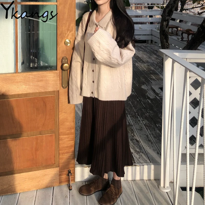 Autumn Knitted Womens Two Piece Set 2020 Winter Warm Sweater Suit Vintage Long Sleeve Cardigan Female Midi Pleated Skirt |