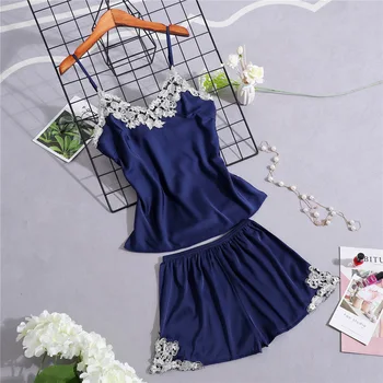 Women Sexy Silk Satin Pajama Set Lace Pijama V-neck Pyjama Fashion Sleepwear Set Sleeveless Indoor Clothing For Summer
Women Sexy Silk Satin Pajama Set Lace Pijama V-neck Pyjama Fashion Sleepwear Set Sleeveless Indoor Clothing For Summer