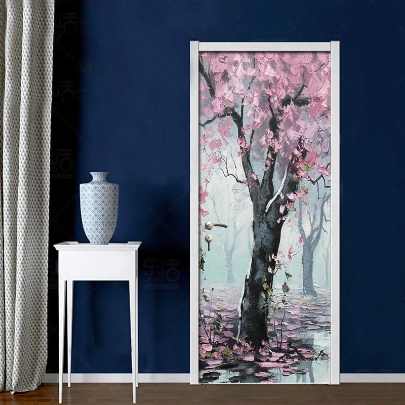 3D-Pink-Woods-Flowers-Landscape-Door-Stickers-Mural-Living-Room-Door-PVC-Self-adhesive-Waterproof-3D (2)