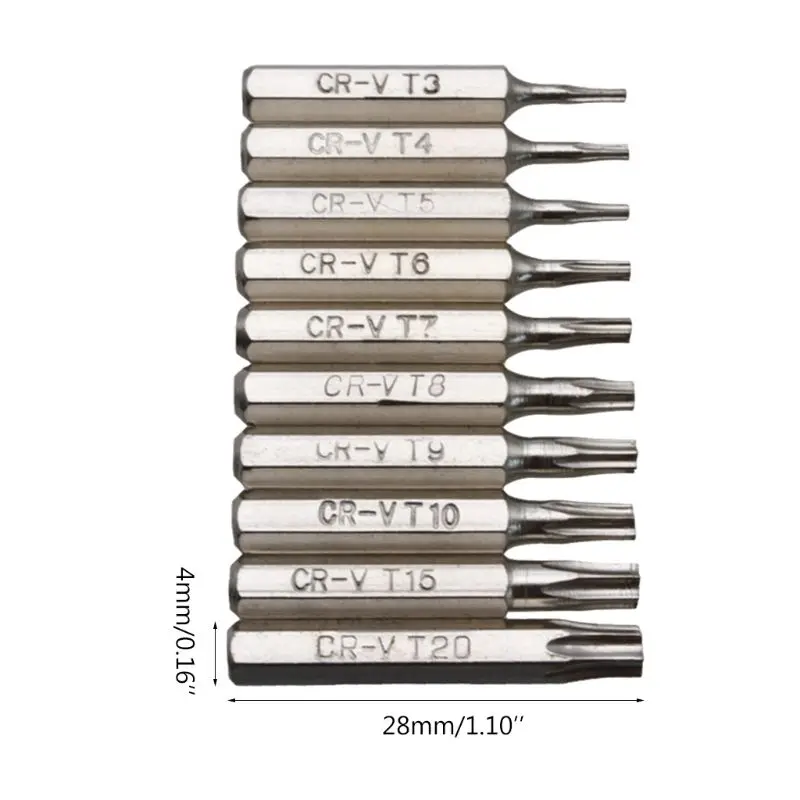 10PCS CR-V Torx Screwdriver Bits Set T3 T4 T5 T6 T7 T8 T9 T10 T15 T20 Mobile Repair Bit Plum Blossoms Repairing Head
10PCS CR-V Torx Screwdriver Bits Set T3 T4 T5 T6 T7 T8 T9 T10 T15 T20 Mobile Repair Bit Plum Blossoms Repairing Head