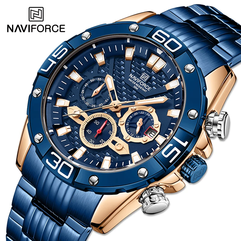 

NAVIFORCE Mens Watches Top Luxury Military Sport Waterproof Stainless Steel Wristwatch Male Quartz Analog Chronograph Blue Clock